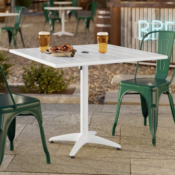 Square Patio Dining Table White Aluminum Slatted Umbrella Hole