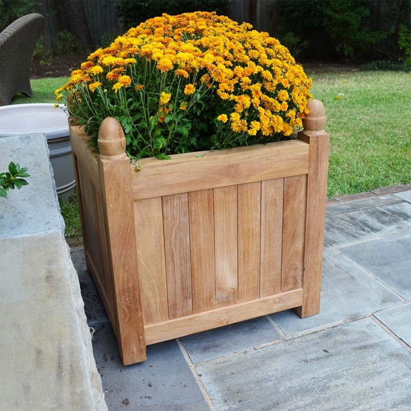 Square Planter Box Honey Brown Wood Vertical Slat Coastal Style