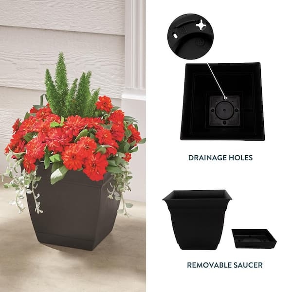 Square Planter Matte Black Plastic Pot Integrated Saucer