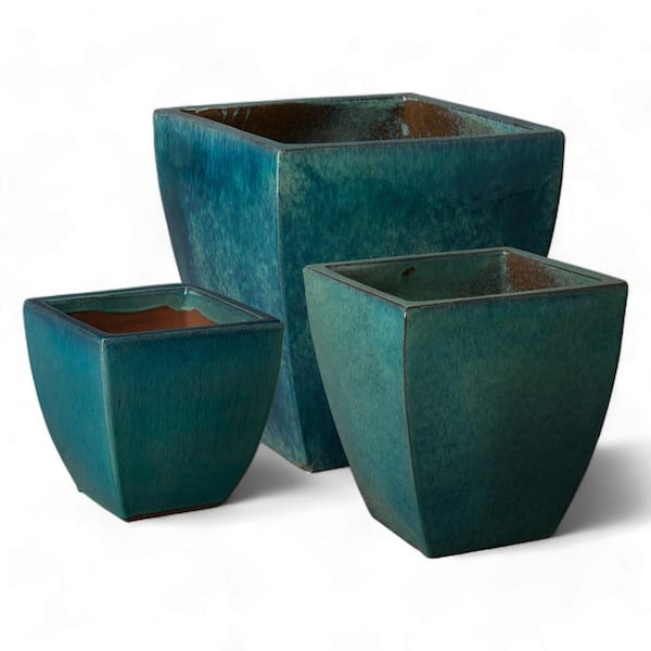 Square Planter, Tapered Glossy Teal Crackle Glaze Pot