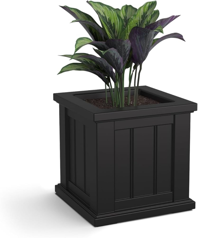 Square Planter Traditional Black with Recessed Panels and Stepped Base