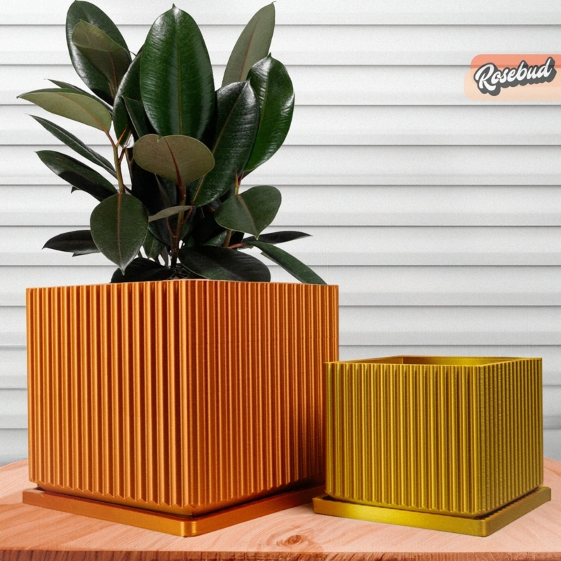 Square Silver Ribbed Planter Pot with Matching Drip Tray