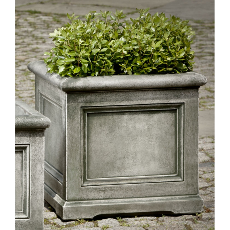 Square Stone-Like Planter, Weathered Gray Finish with Recessed Panels