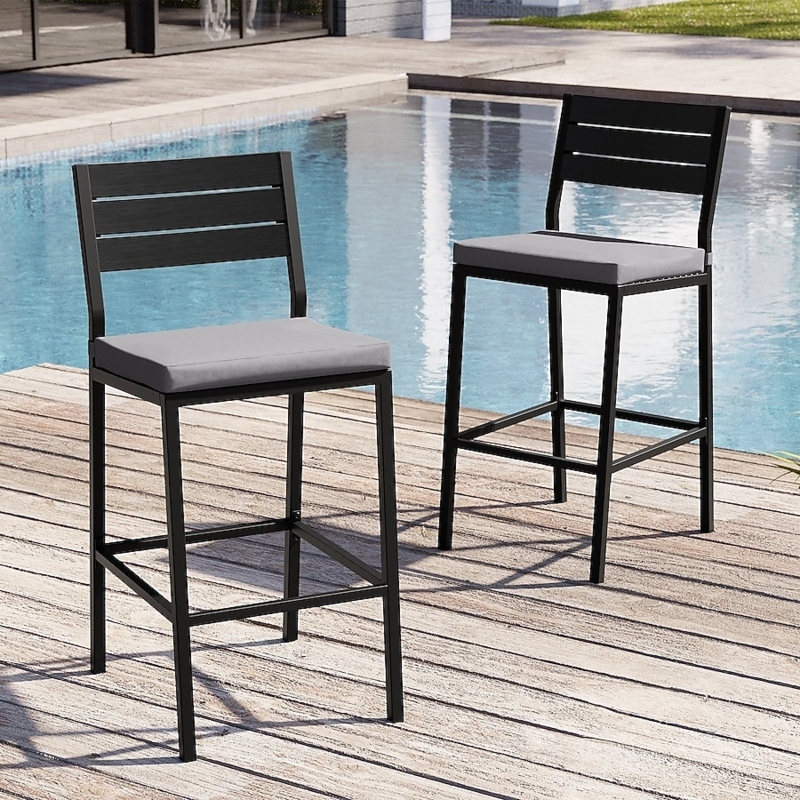 Square Upholstered Bar Stools in Light Gray Fabric on Matte Black Frame