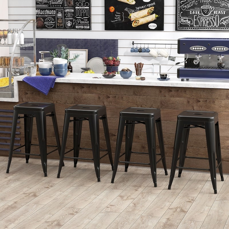 Stackable Bar Stool Set of 4 Black Metal Backless Industrial