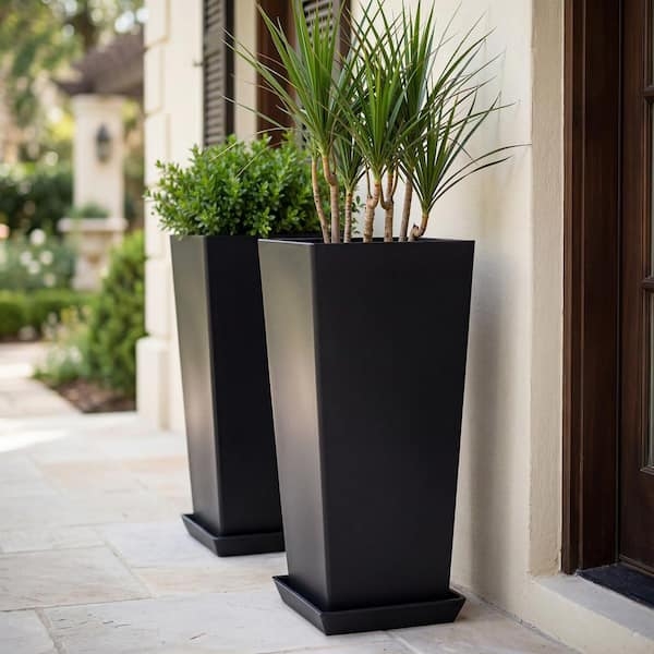 Stacked Stone Texture Planters Tall Square Black Modern Porch Duo