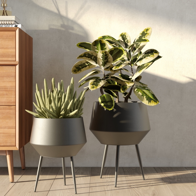 Staggered Matte Black Floor Planter Set on Wood Tripod Stands