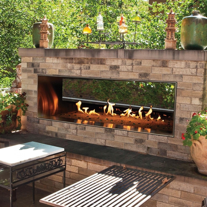 Stainless Steel Linear Outdoor Fireplace with Blue Glass Media