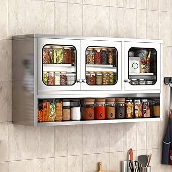 Stainless Steel Wall Cabinet with Sliding Glass Doors