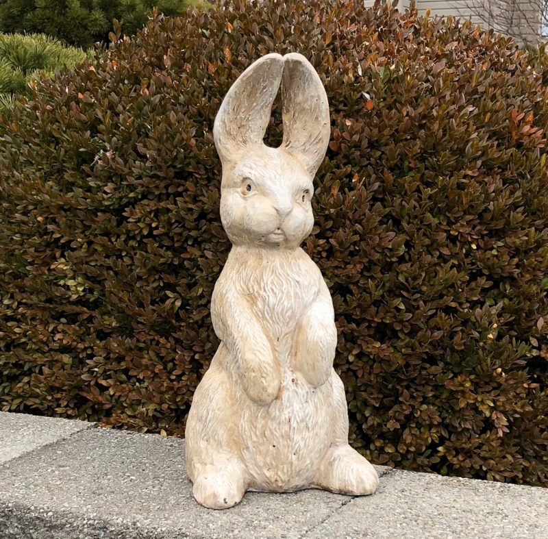 Standing Rabbit Garden Statue Weathered Gray Stone Texture