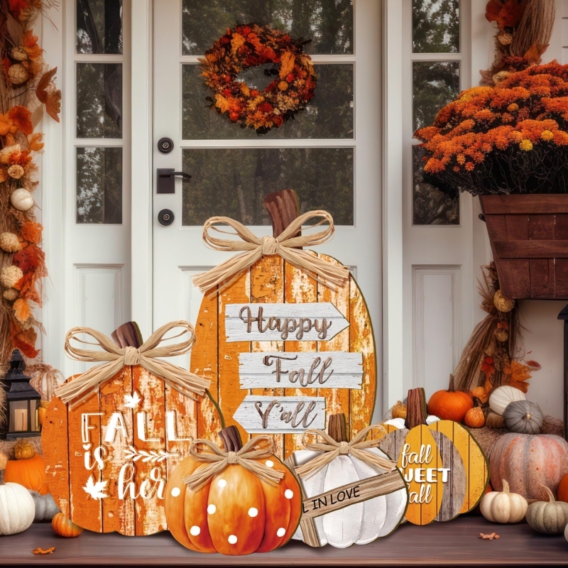 Standing Sign Set of 5 Wooden Pumpkins Varying Heights Rustic Porch
