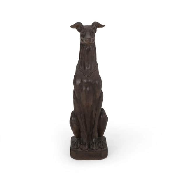 Stately Greyhound Dog Statue, Dark Brown Finish, Alert Posture.