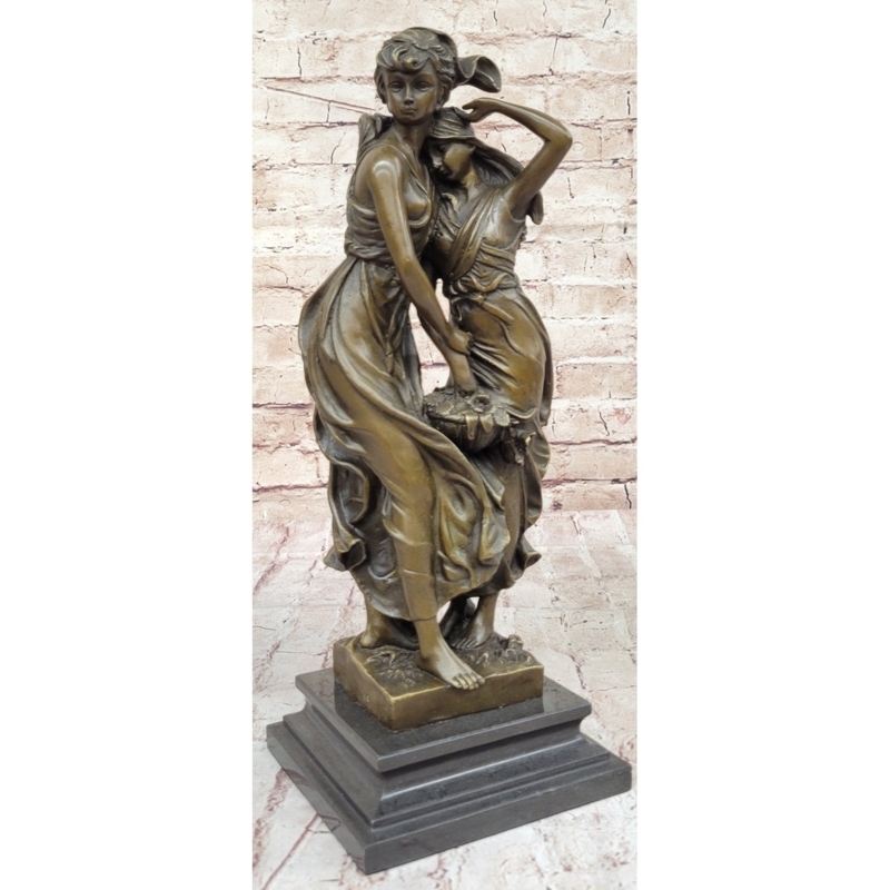 Statue Bronze Sisters Embrace Figurative Antique Sentimental Accent