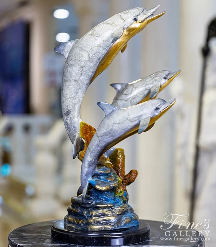 Statue Bronze Verdigris Patina Triple Dolphin Design