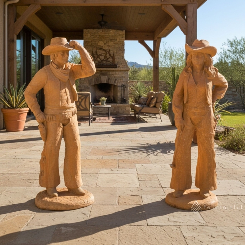 Statue Cast Concrete Cowboy Motif Weathered Finish Garden Decor