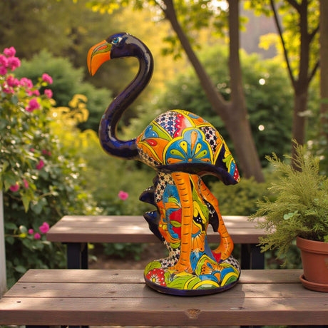 Statue Ceramic Talavera Cat Hand Painted Floral Motifs Glossy Blue