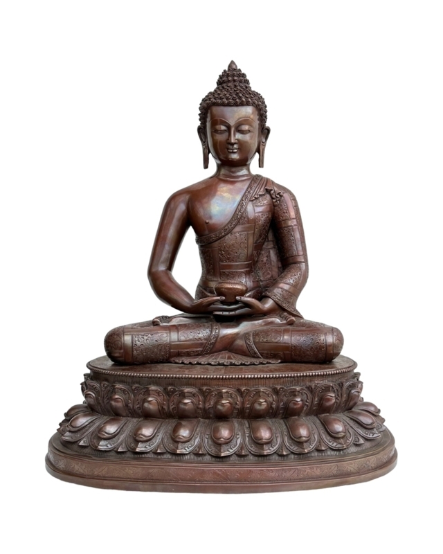 Statue Copper Buddha Lotus Base Dhyana Mudra Brushed Finish