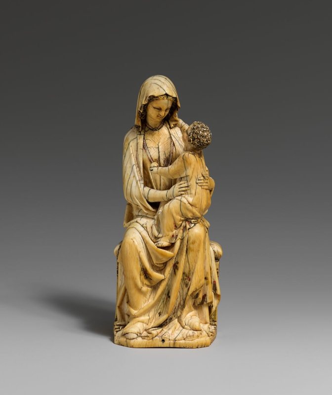 Statue Enthroned Virgin and Child, Wood Toned Polychrome Gothic Decor