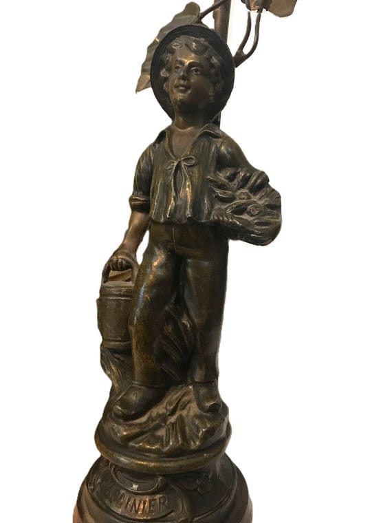 Statue Figural Boy with Woven Basket Antique Distressed Stone Finish