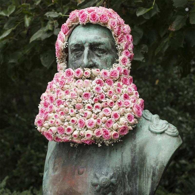Statue Floral Beard Installation Botanical Monument Vibrant Art