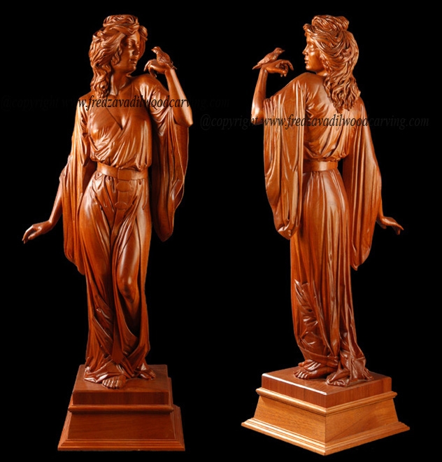 Statue, Hand Carved Wood Figurative Piece, Bird Motif, Smooth Finish.