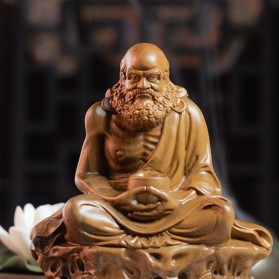 Statue, Hand-Carved Wooden Buddha, Bearded Figure, Compact Size, Zen.