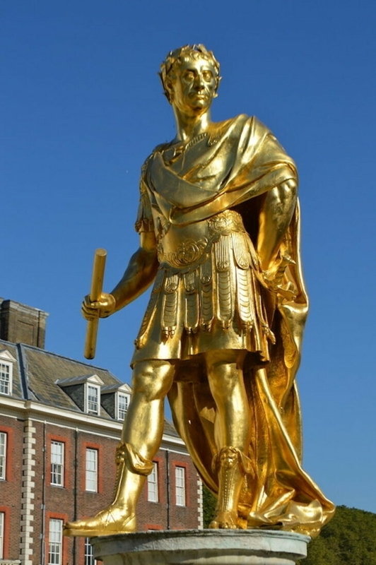 Statue in Classical Roman Attire with Gold Leaf Finish and Tiered Base