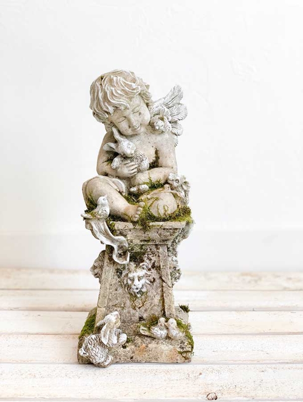 Statue Kneeling Cherub Heavily Distressed Whitewashed French Nordic