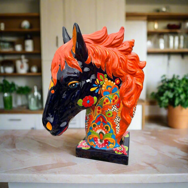 Statue Mexican Talavera Hand Painted Equine Form Glossy Ceramic