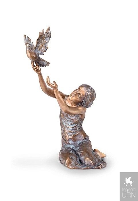 Statue Mourning Woman Bronze Patina Draped Robes Holding Bird