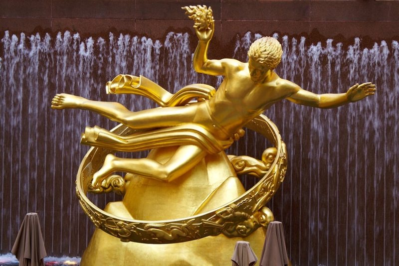 Statue of Gilded Prometheus with Celestial Ring and Fountain Base