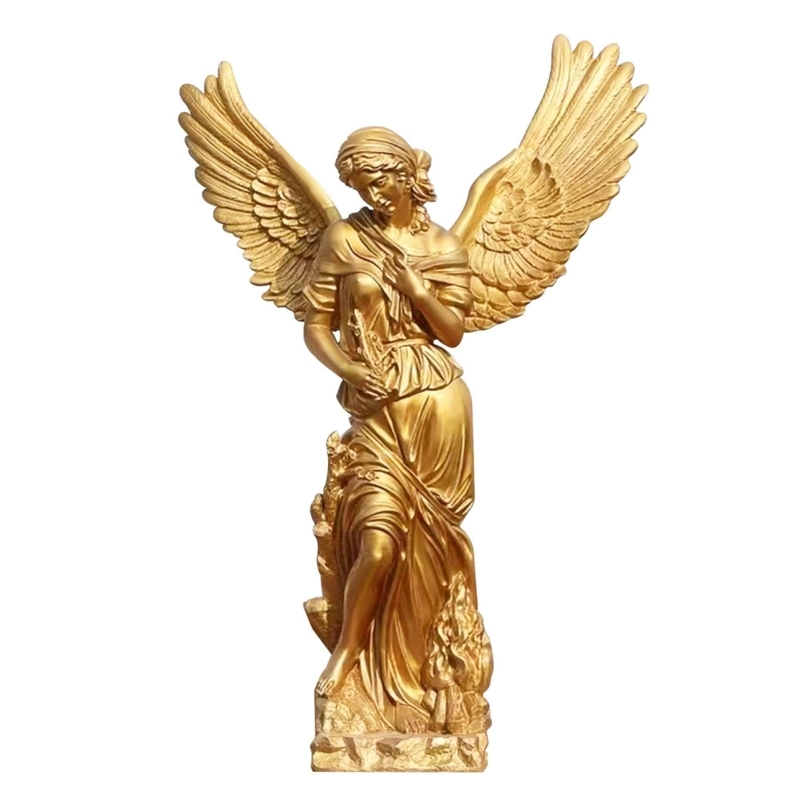 Statue of Neoclassical Polished Gold Angel with Feathered Wings