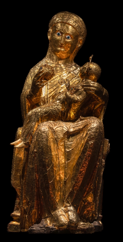 Statue of Ornate Polished Madonna and Child with Embossed Details