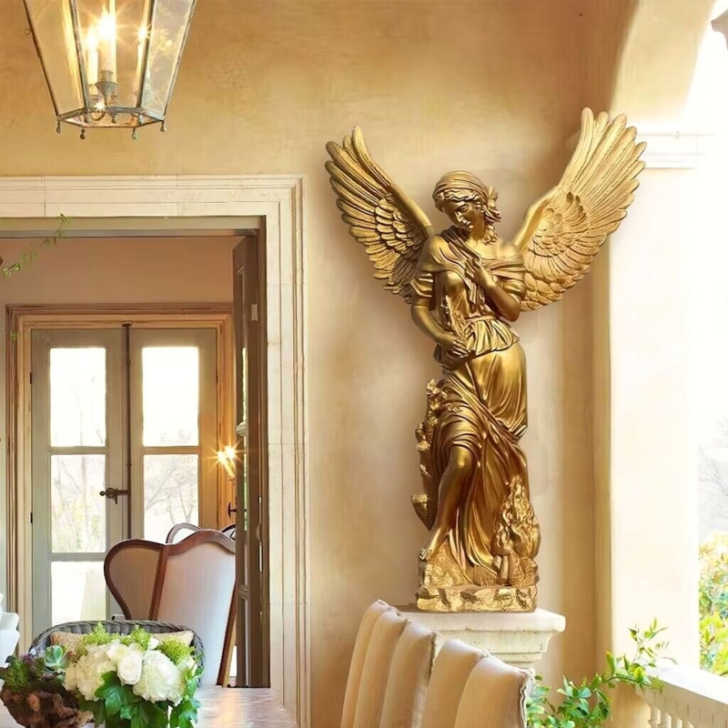 Statue of Winged Figure holding Lyre Instrument with Polished Finish
