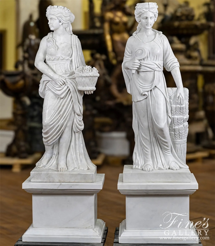 Statue Pair Classical Marble Goddess Matched Stone Like Floral