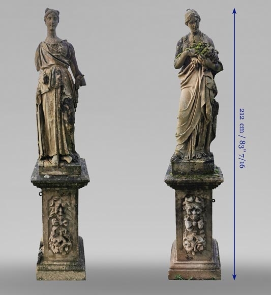 Statue Pair Female Figures Draped Robes Weathered Stone Classical