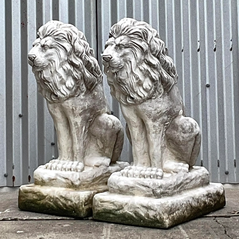 Statue Pair Weathered Stone Finish Lion Motif Vintage Boho Garden