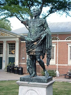 Statue Roman Attire Figure Bronze Patina Tall Stone Pedestal Monument