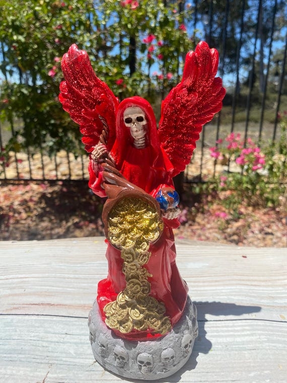 Statue Santa Muerte with Crimson Wings and Gold Scythe, Folk Art