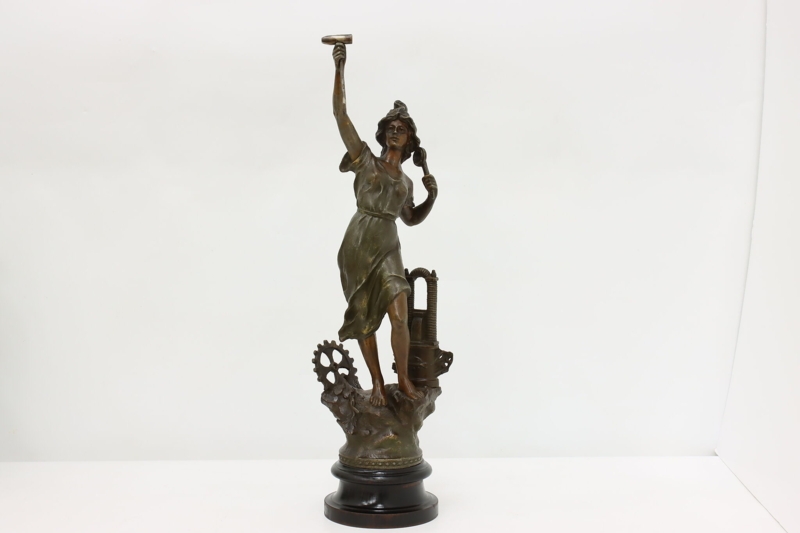 Statue Sculpture Green Stone Base Industrial Woman Motif