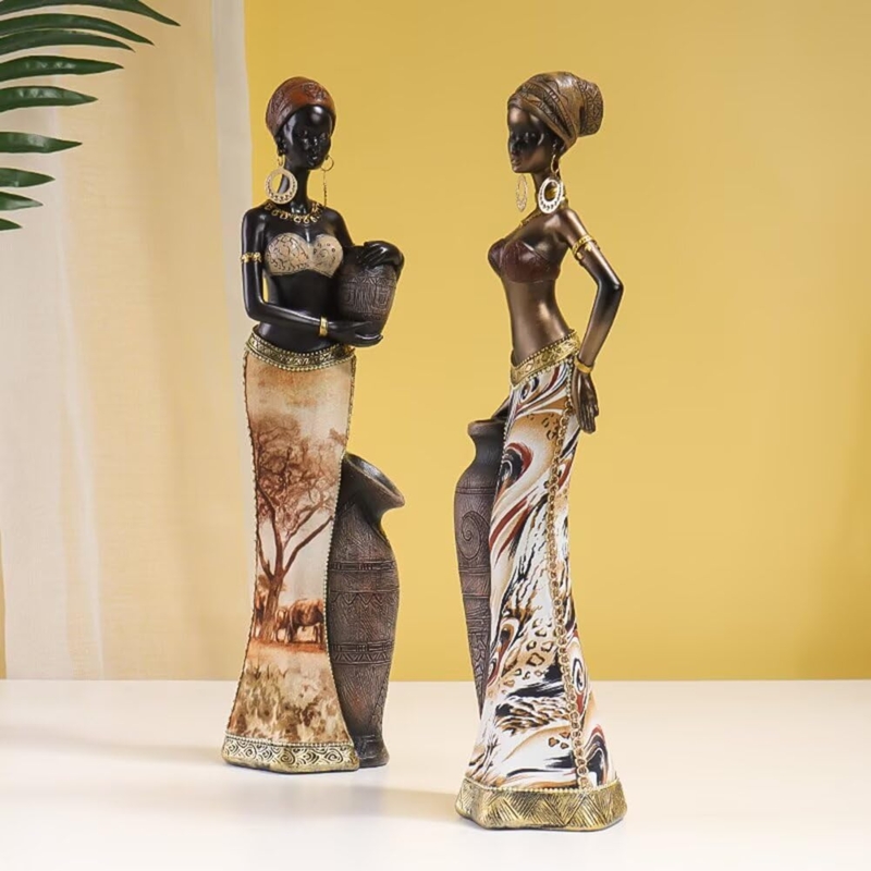 Statue Set Trio Traditional Attire Metallic Gold Accents Hand Painted