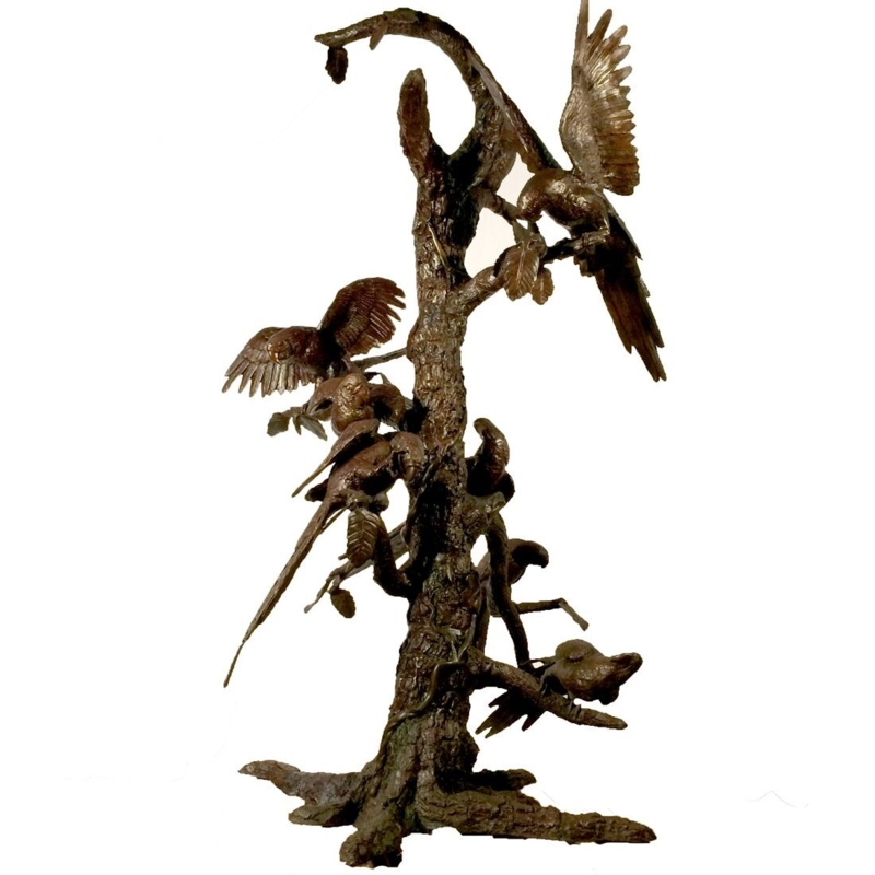 Statue, Seven Birds on Branch, Antique Bronze, Rustic Multi Bird Figurine