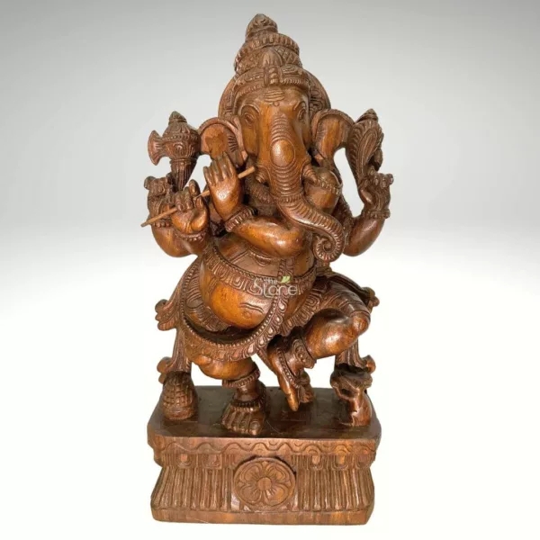 Statue, Traditional Wooden Ganesha, Intricate Hand Carving, Seated Pose.