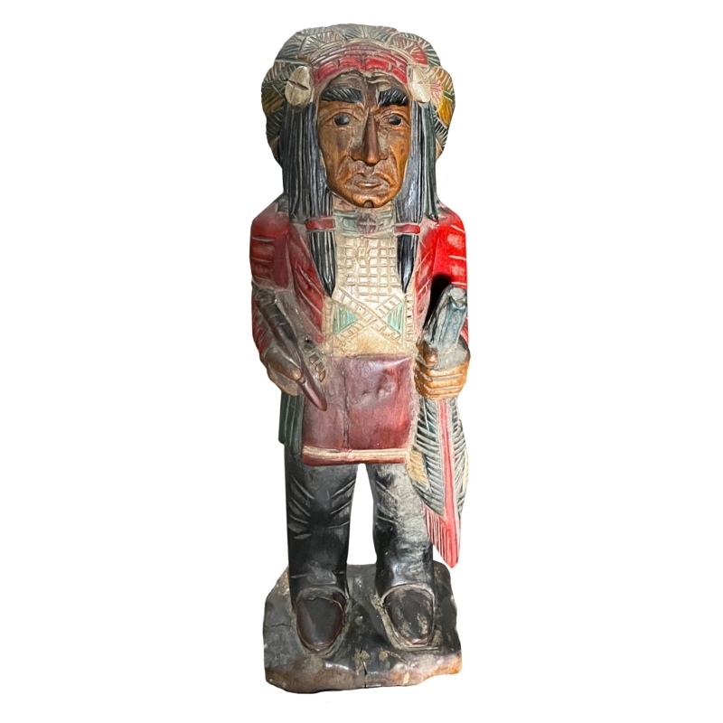 Statue Wood-Toned Carved Texture Vertical Form Feather Headdress