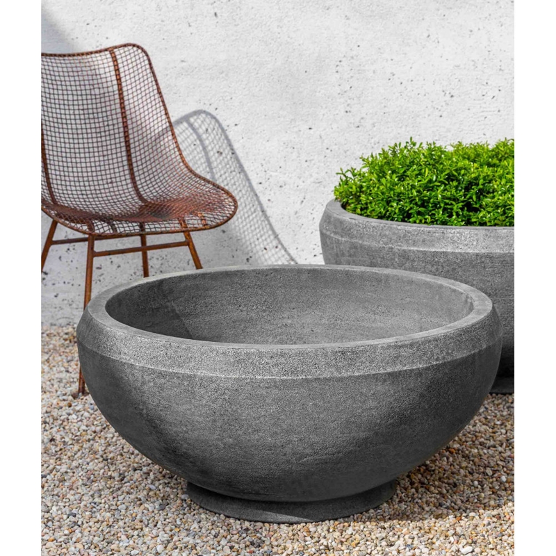 Stone Bowl Planter Thick Rim Off White Low Profile Sculptural Garden
