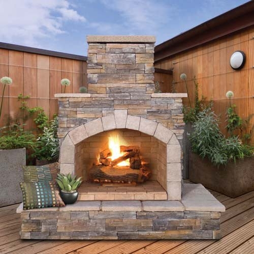 Stone Outdoor Fireplace with Wide Mantel & Hearth