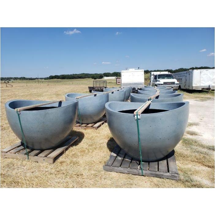 Stone Planter Wave Rim Gray Matte Low Profile Organic Style Outdoor
