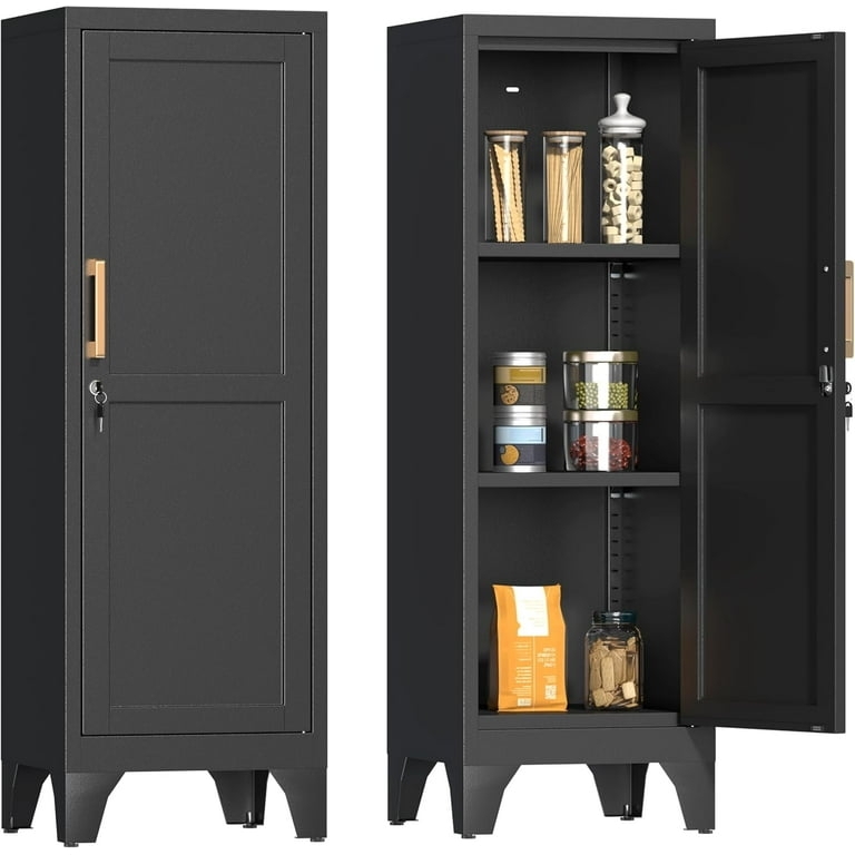 Storage Cabinet Black Metal Perforated Mesh Doors Gold Handles