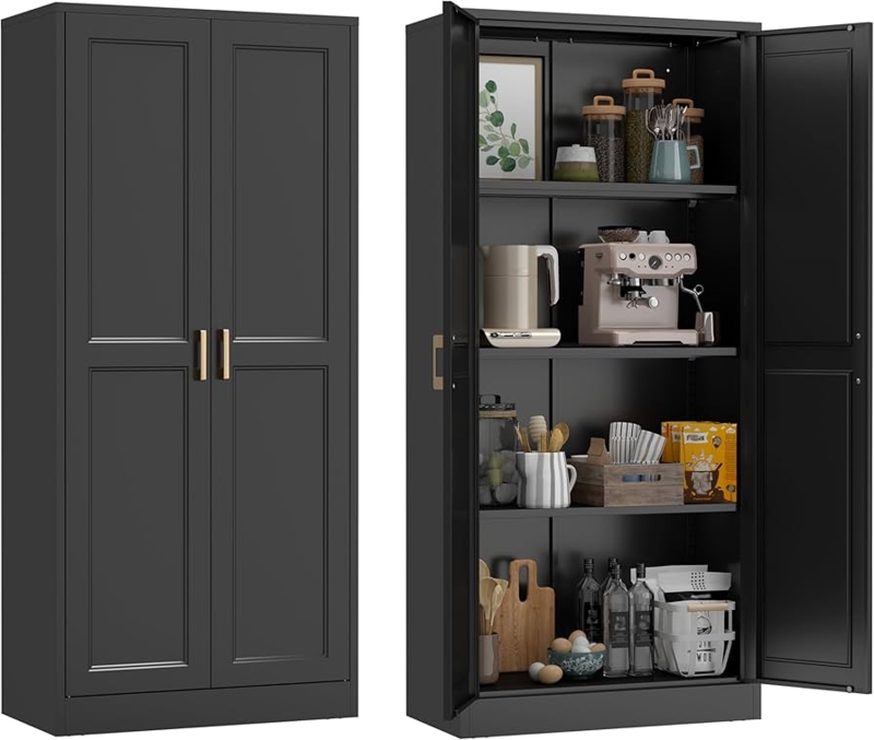Storage Cabinet, Tall Matte Black Metal with Mesh Doors, Industrial Style