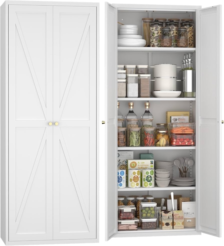 Storage Cabinet White Metal Construction with Recessed Handles